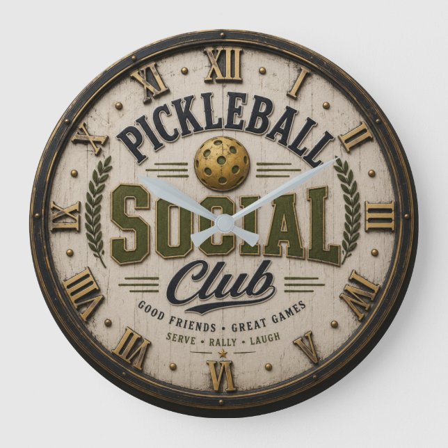 Relógio Grande Pickleball Social Club Rustic Player Gift  (Frente)