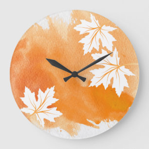 Relógio Grande Pincelada de aquarela laranja moderna e folhas de 