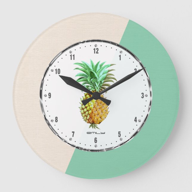 Relógio Grande PineApple e bege geométrico e linha verde (Frente)