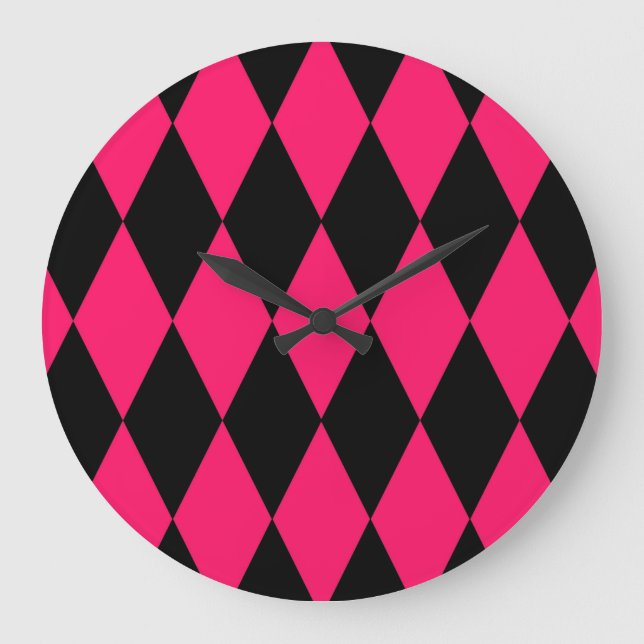 Relógio Grande Pink Black Harlequin Diamonds Checkers Design  (Frente)