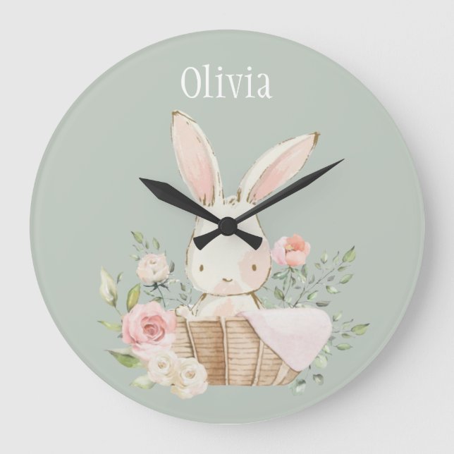 Relógio Grande Pink Blush Bunny Sage Green Name Clock (Frente)
