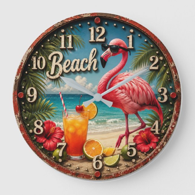 Relógio Grande Pink Flamingo Beach (Frente)