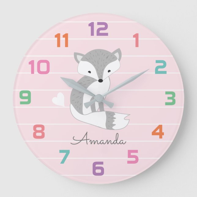Relógio Grande Pink Fox Nursery Wall Clock (Frente)