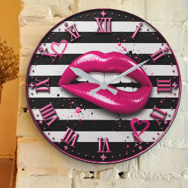 Relógio Grande Pink Glam Lips Stripes Chic Fashion