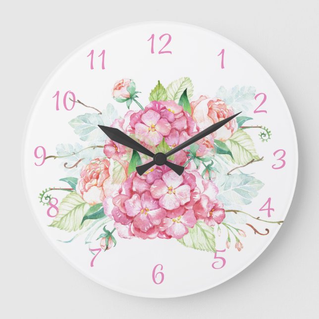 Relógio Grande Pink Hydrangea Flower Watercolor Wall Clock (Frente)