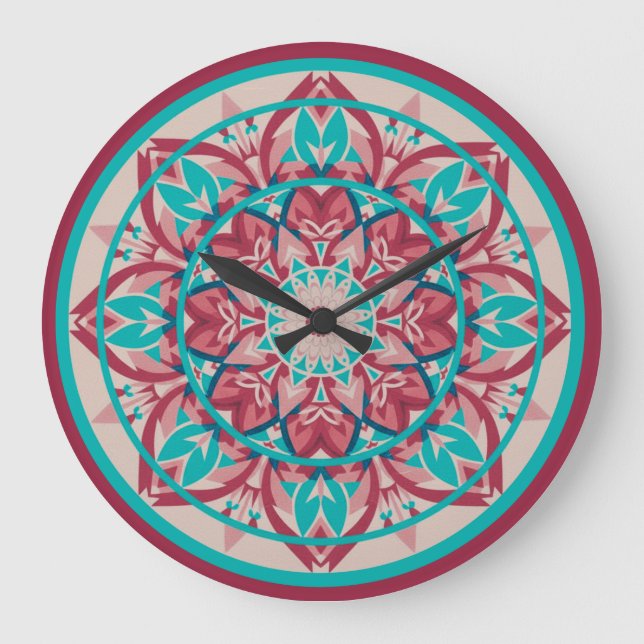 Relógio Grande Pink & Turquoise Boho Mandala  Large Clock (Frente)