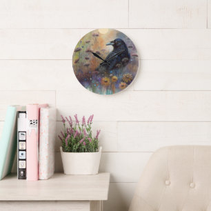 Relógio Grande Pintado à Mão Raven com Flores Selvagens