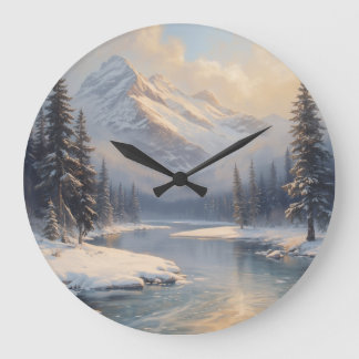 Relógio Grande Pintura a Óleo de Paisagem Montanhosa de Inverno R
