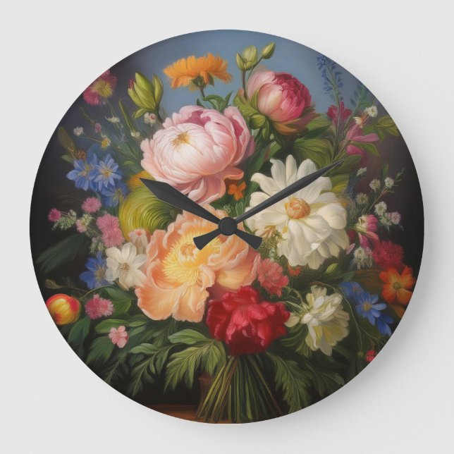 Relógio Grande Pintura a óleo de Peônias (Frente)