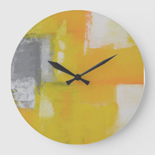 Relógio Grande pintura abstrata moderna branca amarela cinzenta