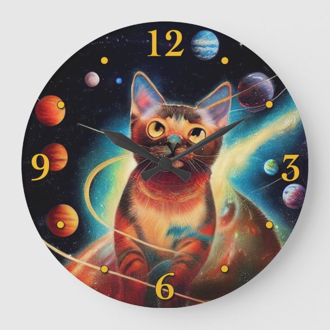 Relógio Grande Pintura de Lápis com Cor de Gato Único no Espaço (Frente)