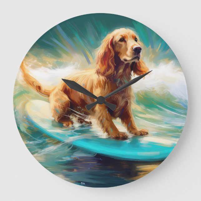 Relógio Grande Pintura de surf em praia em Cocker Spaniel (Frente)