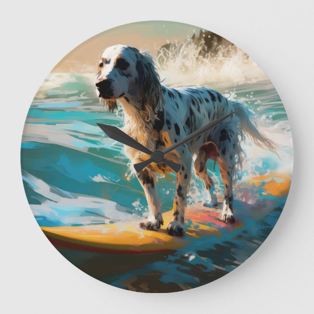 Relógio Grande Pintura de Surf na Praia do English Setter (Frente)