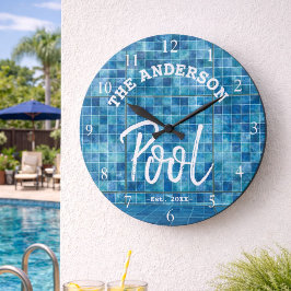 Relógio Grande Piscina Azul legal Nadação Azulejo Nome da Família