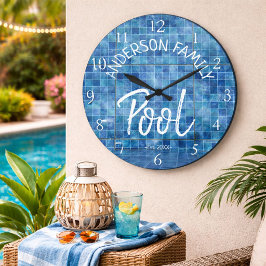 Relógio Grande Piscina de Azulejo Azul Legal Nome da Família cUST