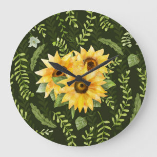 Relógio Grande Plantas Sunflower Herbs Deixa Padrão De Aquarela