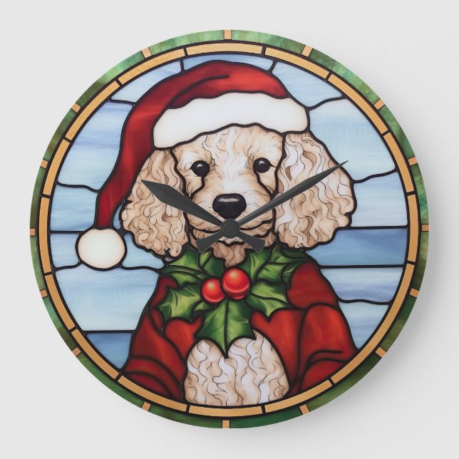 Relógio Grande Poodle Stainle Glass Christmas (Frente)