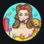 Relógio Grande Pop Art Clock Girl Comendo Hamburger Colorido<br><div class="desc">Este é um retrato legal do relógio e uma pop de arte combinada com uma menina legal com um hambúrguer numa mão e uma bebida na outra. As cores brilhantes só somam à divertida design deste relógio!! Excelente para a cozinha, é claro, mas você pode pensar em outro lugar para...</div>