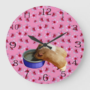 Relógio Grande Porcos-Guineis Em Flores Rosa,   