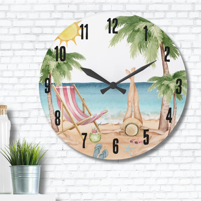Relógio Grande Praia Tropical Custa (Cute Girly Tropical Watercolor Beach Large Clock)