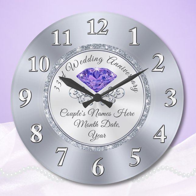 Relógio Grande Presente 33.º aniversário de casamento personaliza (33 year anniversary traditional gift, for wife, friends and couples. 33rd Anniversary Clock.)