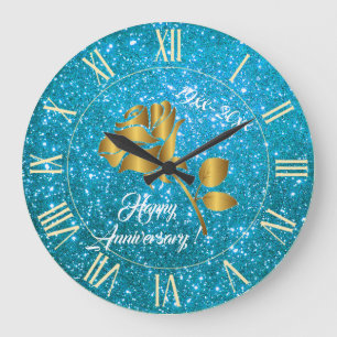 Relógio Grande Presente Azul-Floral Dourado de Luxo