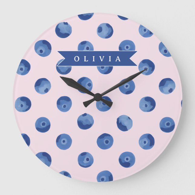Relógio Grande Presente Personalizado de Aquarela de Mirtilo Azul (Frente)