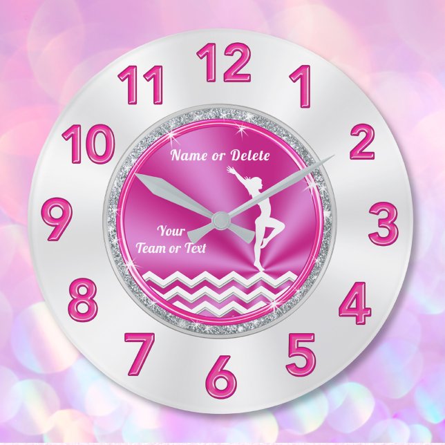 Relógio Grande Presentes bonito de ginástica Branca e Rosa para M (Girls gymnastics bedroom decor. Pink, White and Silver, Gymnastics Clock. Gifts for Gymnasts. )