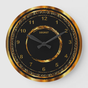 Relógio Grande Preto com quadro Dourado metálico do falso