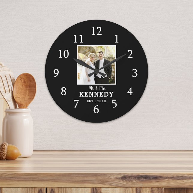 Relógio Grande Preto E Branco Personalizado De Casamento De Fotos (Custom Photo Wedding Anniversary Black And White Large Clock)