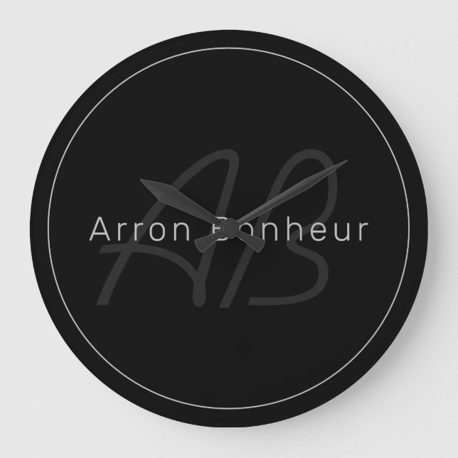 Relógio Grande Preto e Cinza modernos | Nome Legal e Monograma (Frente)