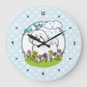 Relógio Grande Primavera Bichon Frise Dog com Flores - Cute