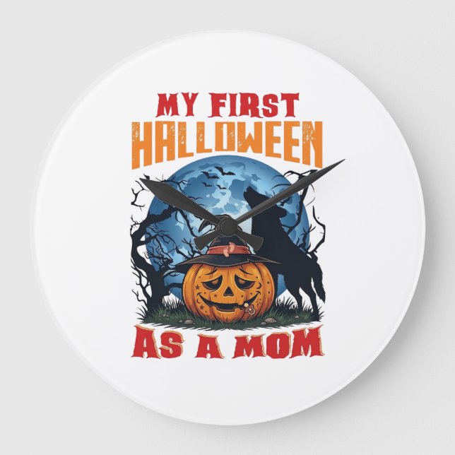 Relógio Grande Primeiro Halloween Como Mãe Abóbora Lobo Lua_1 (Frente)