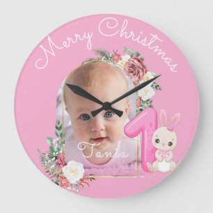 Relógio Grande Primeiro Natal Rosa Menina Bebê Foto floral