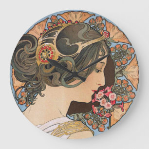 Relógio Grande Primrose por Mucha - Vintage Floral Art Nouveau