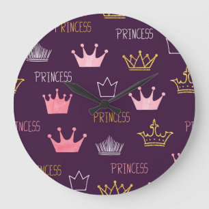 Relógio Grande Princesas coroas: padrão de brilho de aquarela.
