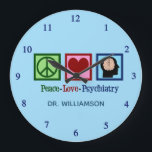 Relógio Grande Psiquiatra Paz Psiquiatria Amor<br><div class="desc">Psiquiatria de Paz e Amor. Um bonito presente de Natal psiquiatra com um sinal de paz,  coração e cérebro humano. Um presente bonito para um enfermeiro psiquiátrico que trabalha com pacientes de saúde mental em um hospital psiquiátrico.</div>