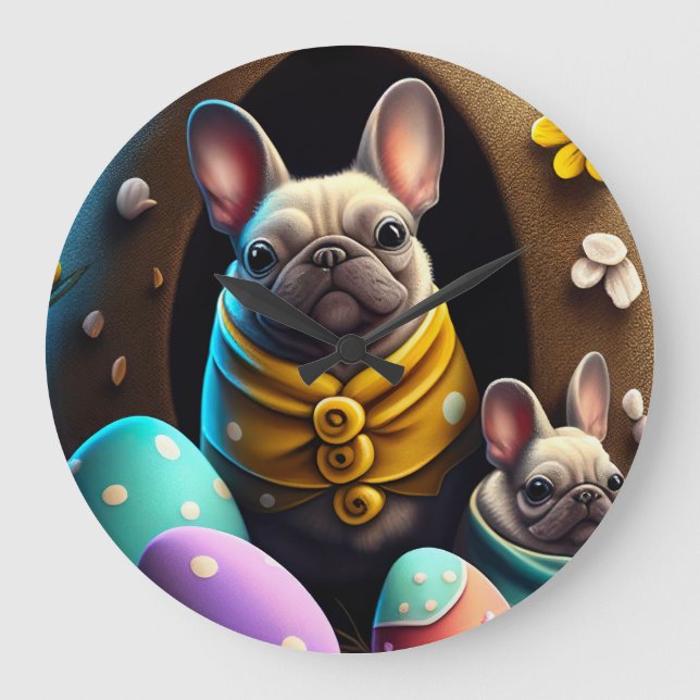 Relógio Grande Pug Adorável com Ovos de Páscoa Uma Celebração Div (Frente)