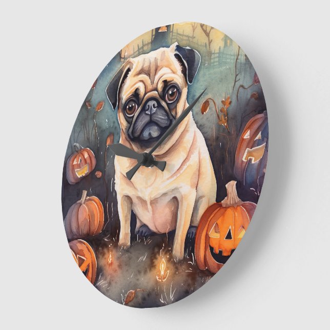 Relógio Grande Pug de Halloween com Abóboras Assustadoras (Ângulo)