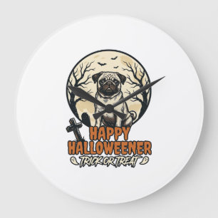 Relógio Grande Pug Halloween Doces ou Travessuras Desenho de Grav