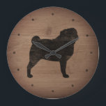 Relógio Grande Pug Silhouette Rustic Style<br><div class="desc">Relógio de Muro de Pug Lover. A design de madeira é impressa,  não madeira real.</div>