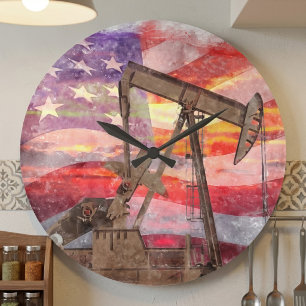 Relógio Grande Pumpjack silhueta pastel desenho americano Bandeir