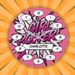 Relógio Grande Quadrinho Personalizado PODER DE MENINA Rosa
