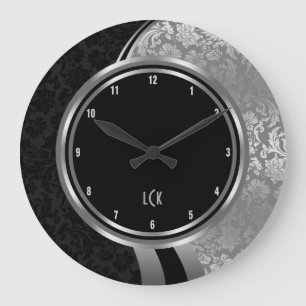 Relógio Grande Quadro de prata elegante dos damascos pretos e de