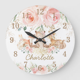 Relógio Grande Quarto-Chic Woodland Animais Blush Floral Girl
