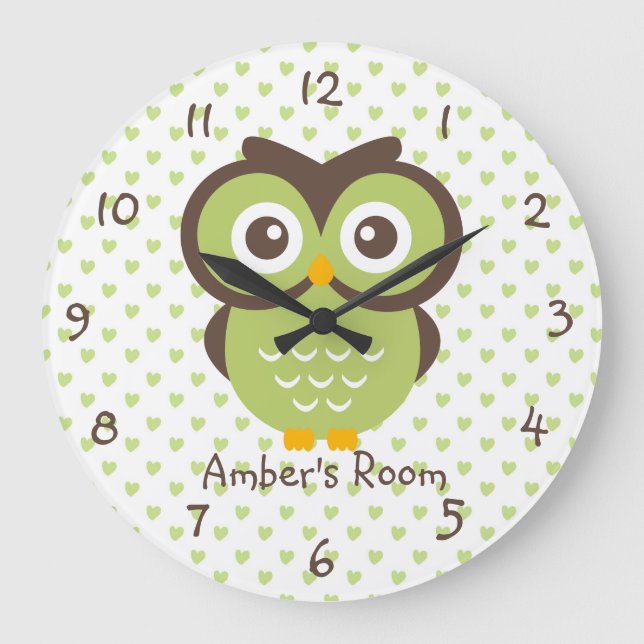 Relógio Grande Quarto Personalizado de Coruja Verde (Frente)