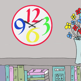 Relógio Grande Quatro grandes números coloridos, borda vermelha