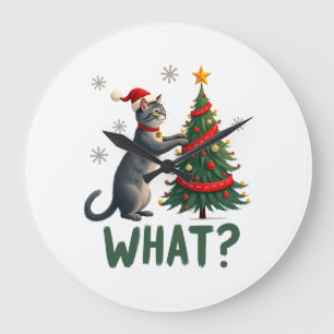 Relógio Grande Que Gato Divertido Empurrando Árvore de Natal Sobr