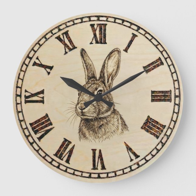 Relógio Grande Rabbit Wall Clock | Wood-Burned Style  (Frente)
