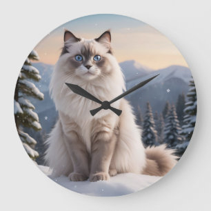 Relógio Grande Ragdoll Cat na Montanha Snowy com Serene Winter